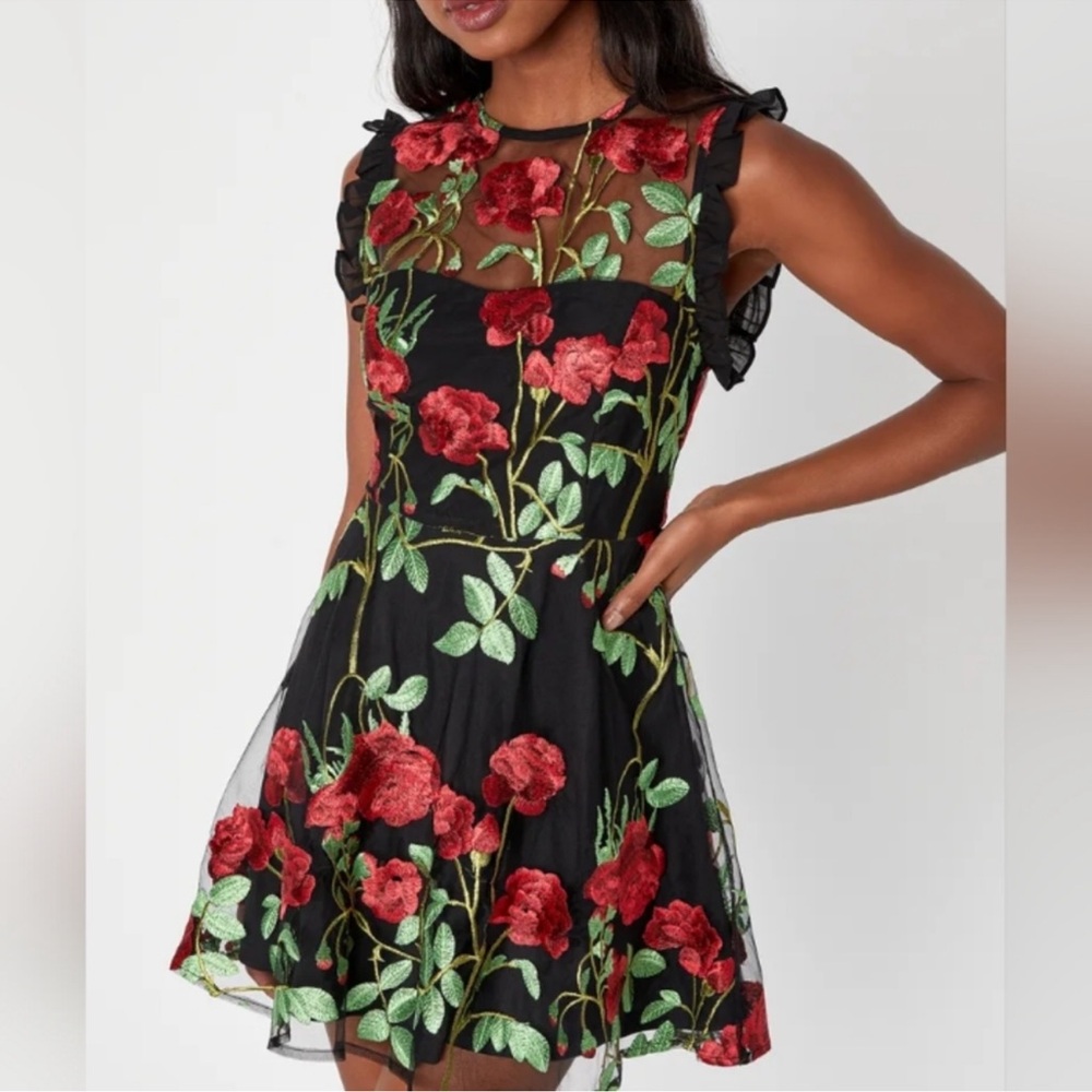 NWT LuLu’s Blissful Bouquet Black Floral Embroidered Ruffled Mini Dress Size S - Picture 3 of 16